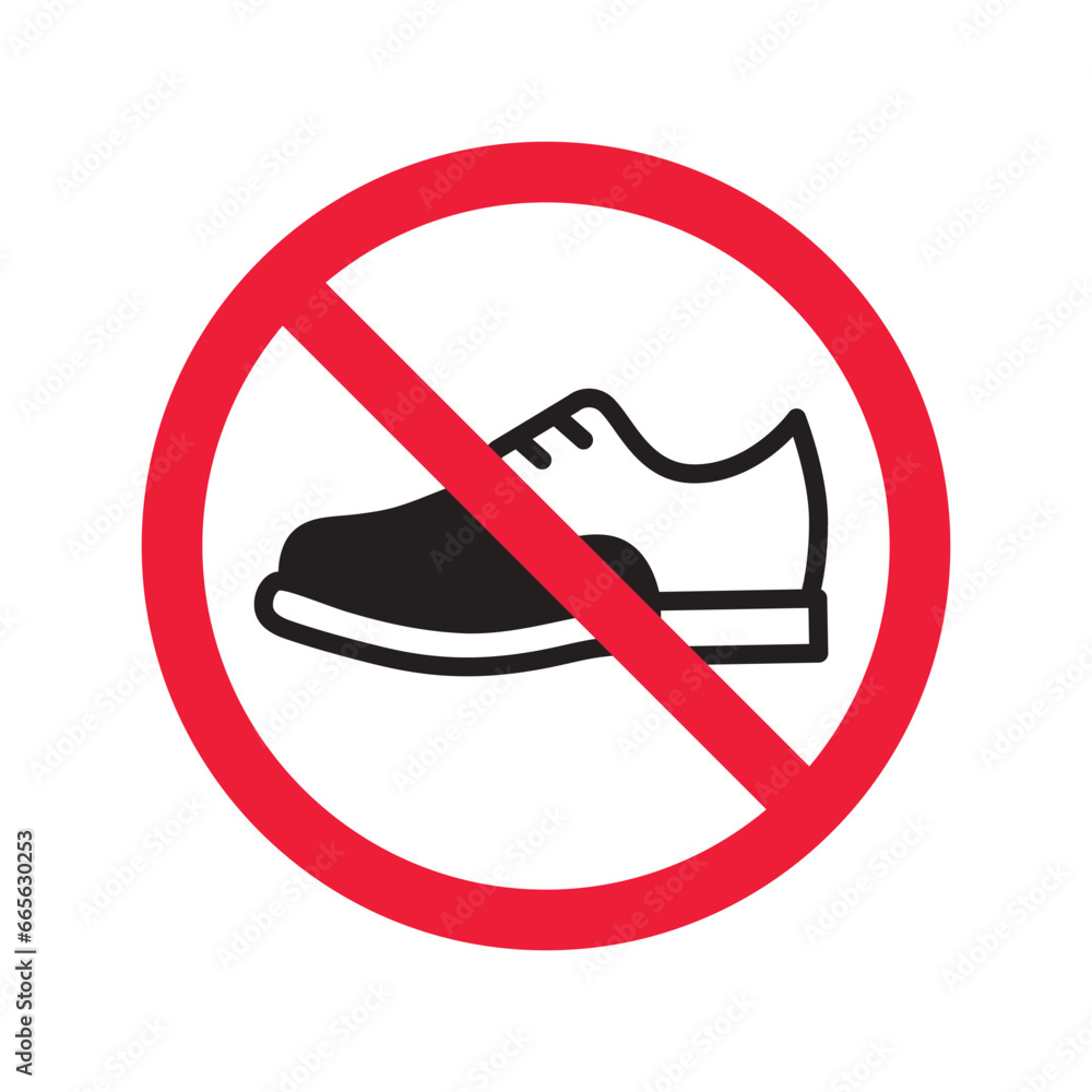 Forbidden Prohibited Warning, caution, attention, restriction label danger. No shoes vector icon. Do not wear shoes sign design. No man shoe symbol flat pictogram. No classic shoe