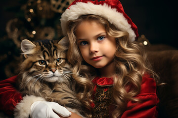 Wall Mural - young girl in santa claus clothes with her cat during christmas eve. Christmas marketing campaign or wallpaper background.