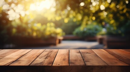 Empty wooden table surface closeup, blur cafe bar restaurant or retail shop interior background, bokeh lights.