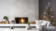 White sofa with Christmas pillows and concrete wall with fireplace. Scandinavian style interior design of modern living room