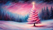 Cute pink christmas tree in the winter forest digital painting