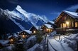 Snowbound township with half-timbered houses nestled in alpine mountains on a calm winter night under the starry sky. Generative AI