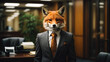 Elegant smart looking lawyer fox in business suit in legal firm office, generative ai illustration