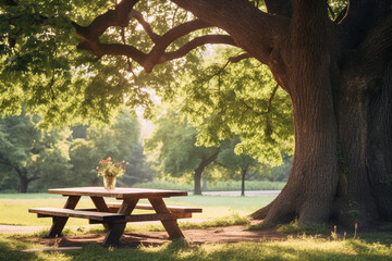 Wall Mural - Wood table for family picnic under big tree