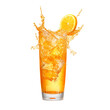 glass of orange soda with splashes isolated on white background, ai generated
