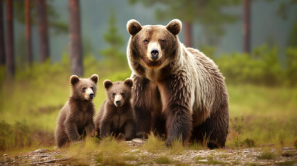 Wall Mural - mama bear with her cubs in a forest