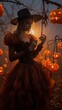 Pumpkin Patch Puppeteer: A witch manipulating grotesque pumpkin creatures, with an autumnal color palette of oranges, reds, and blacks