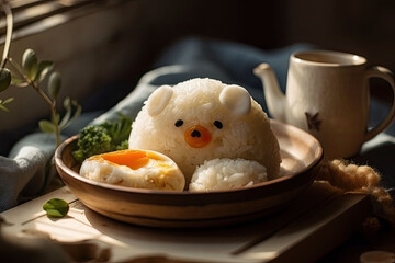 Funny inviting food presentation for children, bear made of egg and rice on a plate