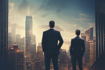 Back view silhouette of partnership two businessman standing together with high rise skyscraper building