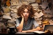 Business casual woman surrounded by paperwork on her desk. Generative AI.