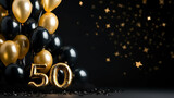 Fototapeta Dziecięca - Background for a 50 years birthday, golden wedding anniversary, golden numbers on a black background. Golden and black balloons. Golden numbers. Party invitation, menu.	