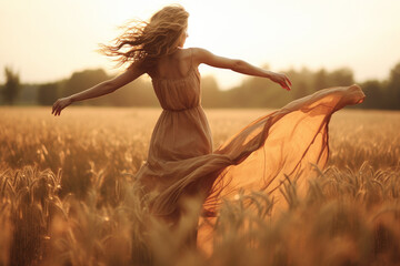 Young woman feeling relieved in beautiful nature, enjoying the summer, dancing with opened arms on the wind