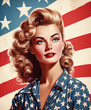 a 1960s bombshell pinup model with blonde hair in an American patriotic illustration