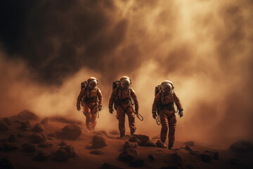 Wall Mural - three spacemen or astronauts walking on the mars.