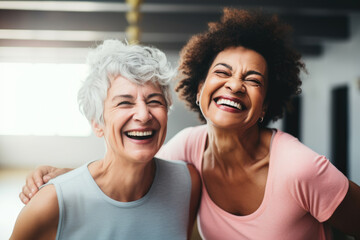 Wall Mural - Senior women talking and smiling after exercise in the gym