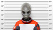 Police-style mugshot of an alien character dressed in an orange spacesuit, holding an empty name placard against height chart background. Sci-fi crime themes. Generative AI