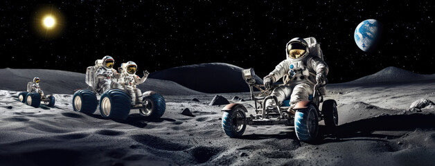 Wall Mural - astronauts in buggies on a reconnaissance mission across the moon’s rocky terrain, showcasing teamwo