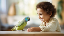 Copy Space, Stockphoto, Candid Camera Shot, Child Playing With His Lovebird. Cute Child Playing Toghether With His Parakeet. Animal Theme. Fostering Unusual Animals. Animal Care.