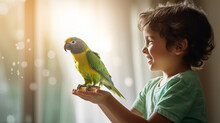 Copy Space, Stockphoto, Candid Camera Shot, Child Playing With His Lovebird. Cute Child Playing Toghether With His Parakeet. Animal Theme. Fostering Unusual Animals. Animal Care.
