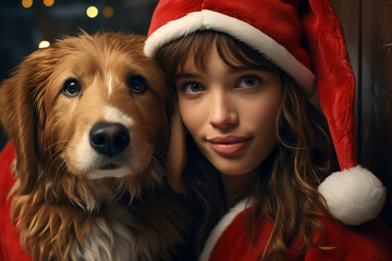 Wall Mural - girl in santa claus hat with a dog. Christmas marketing campaign or wallpaper background.