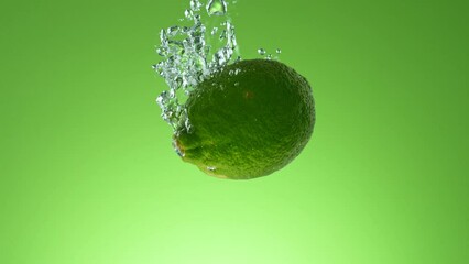 Fototapete - Super Slow Motion of Falling Whole Lime Into Water, Isolated on Green Background. Filmed on High Speed Cinema Camera, 1000 fps.