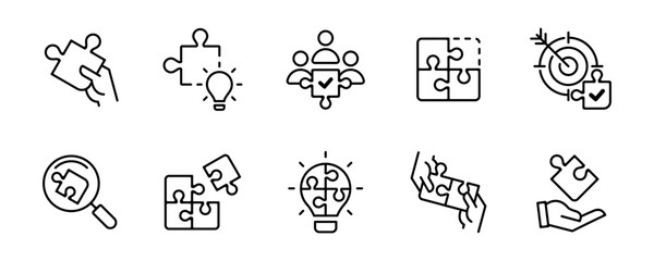 Poster - puzzle jigsaw teamwork challenge solution icon set line style business mission creative problem solving puzzle match piece vector illustration outline collection for web and app
