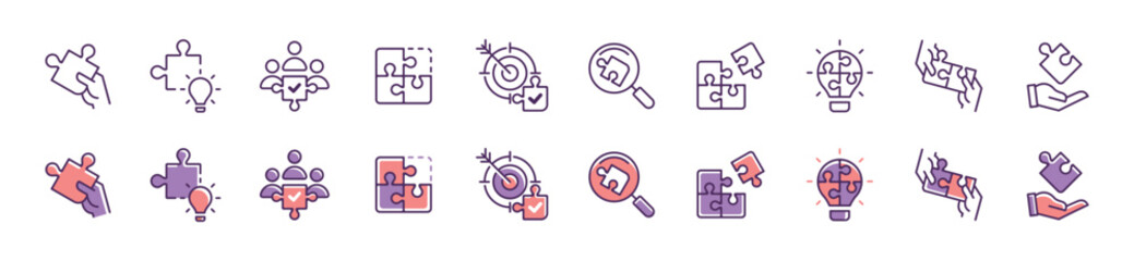 Leinwandbilder - collection of business challenge puzzle solution icon set strategy problem solving jigsaw match piece vector illustration teamwork innovation idea symbol design