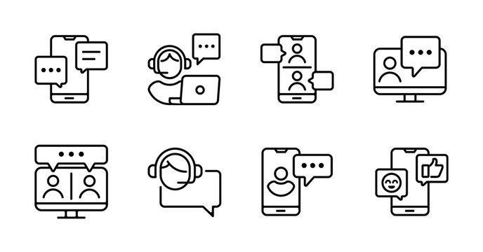 online conference business meeting digital communication icon set remote work office mobile video call vector illustration teamwork discussion symbol outline design
