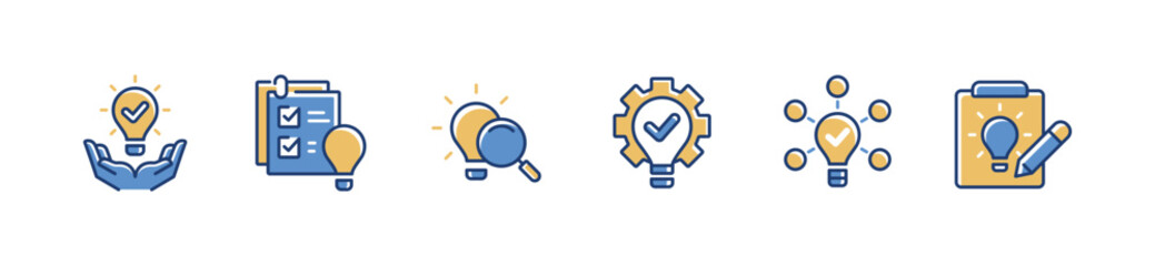 Aufkleber - set of creative solution lightbulb idea innovation icon vector search for clipboard inspiration hand holding lamp with cogwheel symbol illustration