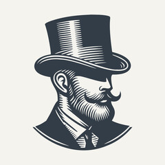 Logo icon of gentleman with hat. Vintage woodcut engraving style vector illustration isolated on white.