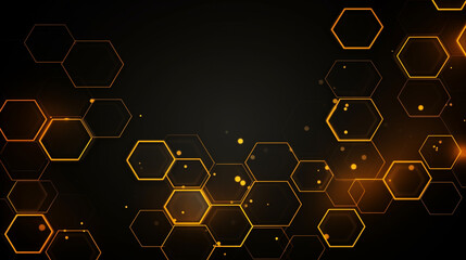 Abstract digital science technology geometric hexagonal pattern background with glowing yellow neon lights from sides. 