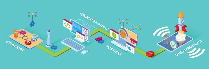 Software icons. Digital program development process. 3D business web office for website or app programming. Application coding and testing. Project engineering. Vector isometric concept