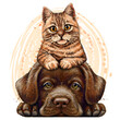 Color, graphic portrait of a British breed kitten and a Labrador puppy in watercolor style on a white background.