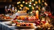 © Neuro architect - Christmas dinner table full of dishes with food and snacks, New Year's decor with a Christmas tree in the background. Buffet or catering concept.