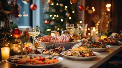 Christmas dinner table full of dishes with food and snacks, New Year's decor with a Christmas tree in the background. Buffet or catering concept.