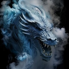  3d illustration of a dragon with smoke in the dark background.