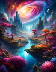 Wall Mural - A beautiful space landscape on another planet created with Generative AI technology.