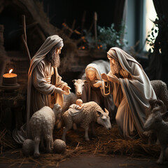 Christmas nativity scene, with the three kings, sheep and donkeys and jesusk, Ai generated