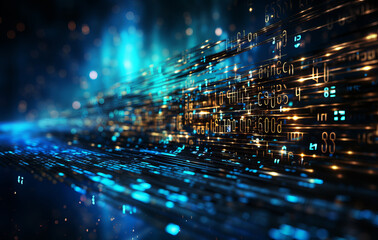 Abstract technology background. Binary code and AI algorithms running