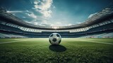 Fototapeta Sport - Gates and ball on soccer football field at giant stadium