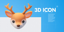 Deer Head In 3D Style. Cute Deer Wild Animal Character Icon  Christmas Deer On An Empty Background. Vector Illustration