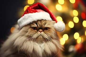 Wall Mural - Persian cat wearing santa hat with christmas tree bokeh background, Cute Xmas pet photos for cat parents, 2023 holiday greeting celebration illustration