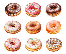 Watercolor Donut Elements Set. Set Of Clipart Dessert Elements. Sweet Food Illustration.
