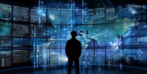 A business man looking for large screen, internet network and AI technology concept