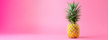 Pink And Golden Glitter Pineapple On Rose Pink Background, Alternative Christmas Decorations, Space For Text