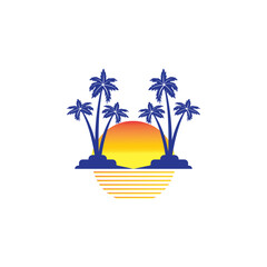 Wall Mural - sunset logo nature beach coconut tree vector design illustration