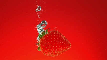 Poster - Super slow motion of falling fresh strawberriy into water on red gradient background. Filmed on high speed cinema camera, 1000 fps.