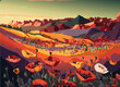 Landscape in desert with blooming poppy flowers during sunset.