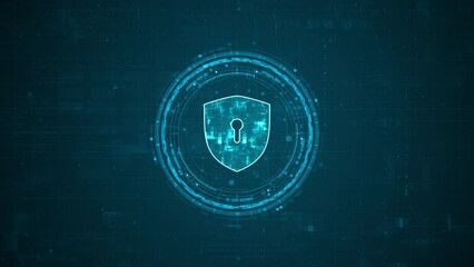 Wall Mural - Motion graphic of Blue digital security shield logo and circle futuristic HUD elements with flowing arrows with network firewall technology and data secure concepts on abstract background