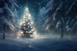 Brightly lit Christmas tree at the center of winter forest surrounded by snow covered fir trees
